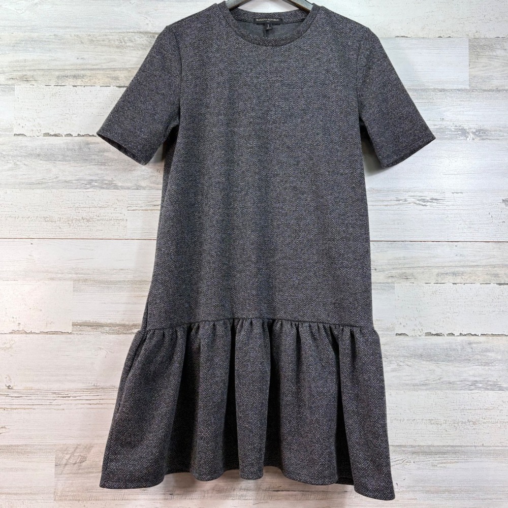 Banana Republic Herringbone Drop Waist Flounce Mini Dress Black Gray Womens S‎